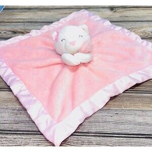 Sleeping Kitten Cat Lovey Pink White Satin Trim Lovey Security Blanket Toy
